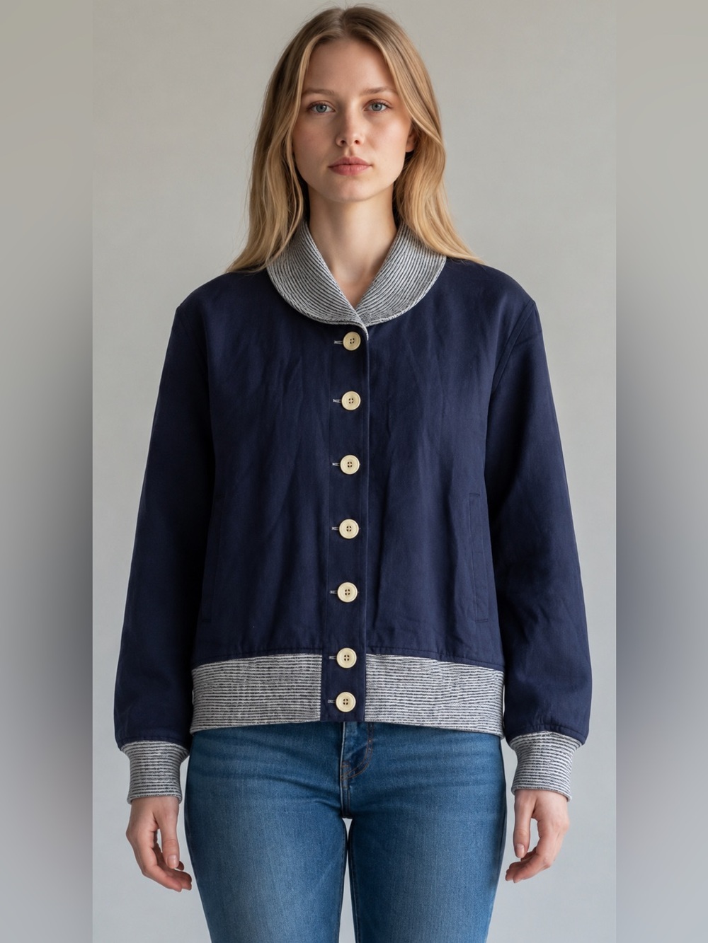YMC You Must Create Navy and Cream Striped Collar Knit Jacket